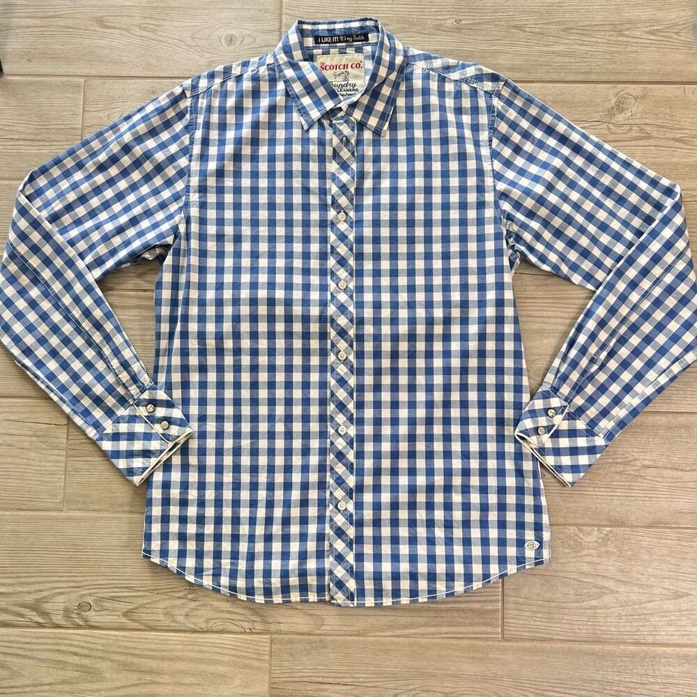 The Scotch‎ Co Mens Blue White Checkered Button Down Shirt Size Large